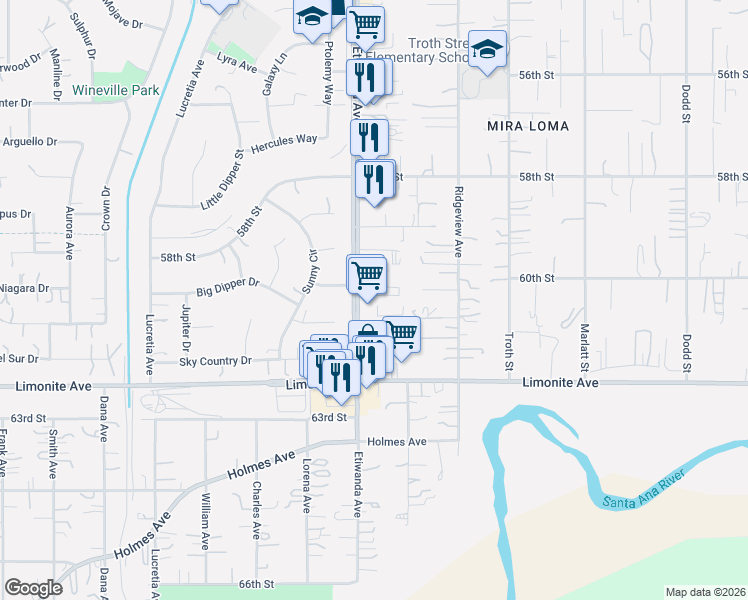 map of restaurants, bars, coffee shops, grocery stores, and more near 6048 Etiwanda Avenue in Jurupa Valley