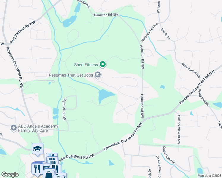 map of restaurants, bars, coffee shops, grocery stores, and more near 955 Kinghorn Drive Northwest in Kennesaw