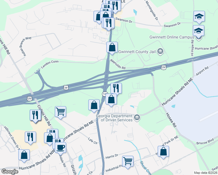 map of restaurants, bars, coffee shops, grocery stores, and more near 685 Buford Drive in Lawrenceville