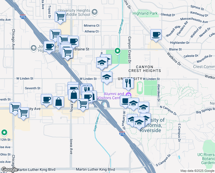map of restaurants, bars, coffee shops, grocery stores, and more near 1038 West Linden Street in Riverside