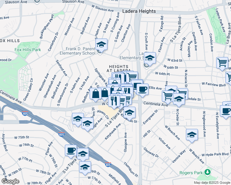 map of restaurants, bars, coffee shops, grocery stores, and more near 5373 West Centinela Avenue in Los Angeles