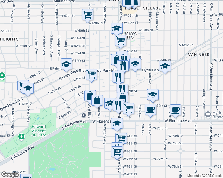 map of restaurants, bars, coffee shops, grocery stores, and more near 3430 West 67th Street in Los Angeles