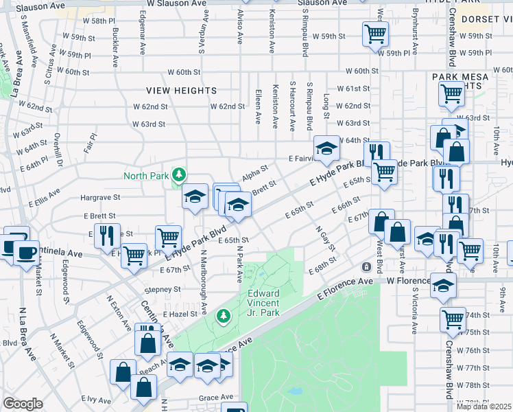 map of restaurants, bars, coffee shops, grocery stores, and more near 911 East Hyde Park Boulevard in Inglewood