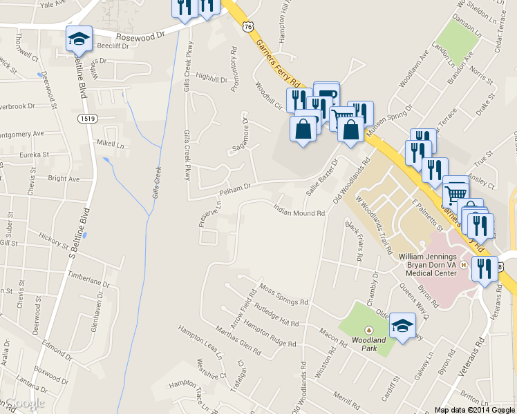 map of restaurants, bars, coffee shops, grocery stores, and more near 5908 Indian Mound Road in Columbia