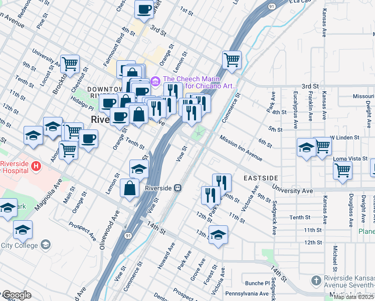 map of restaurants, bars, coffee shops, grocery stores, and more near 2598 Santa Fe Avenue in Riverside