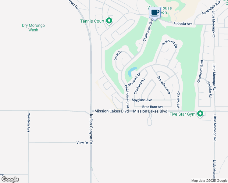 map of restaurants, bars, coffee shops, grocery stores, and more near 9668 Spyglass Avenue in Desert Hot Springs