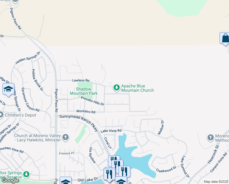 map of restaurants, bars, coffee shops, grocery stores, and more near 23480 Via Solana in Moreno Valley