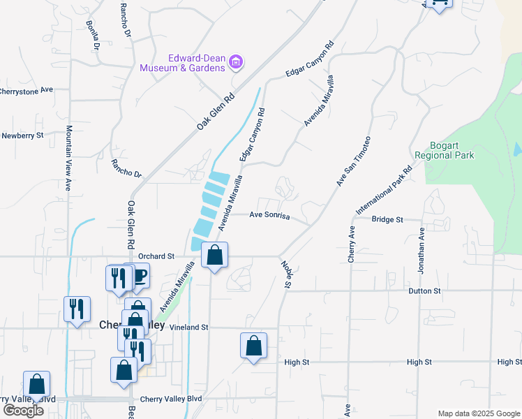 map of restaurants, bars, coffee shops, grocery stores, and more near 39620 Avenue Sonrisa in Cherry Valley