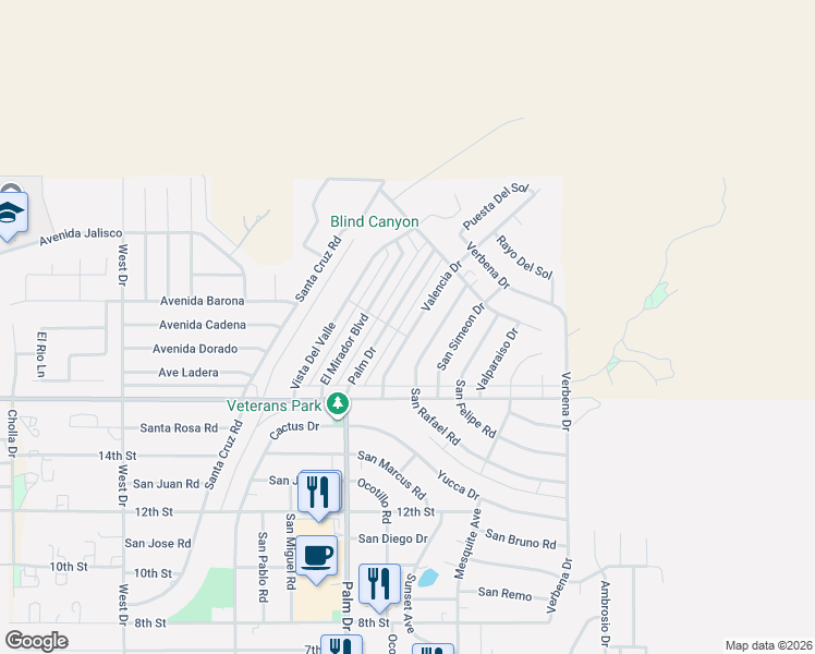 map of restaurants, bars, coffee shops, grocery stores, and more near 9724 Valencia Drive in Desert Hot Springs