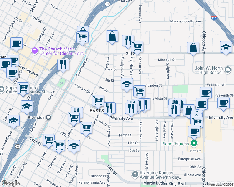 map of restaurants, bars, coffee shops, grocery stores, and more near 3653 Eucalyptus Avenue in Riverside