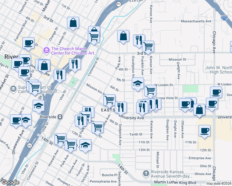 map of restaurants, bars, coffee shops, grocery stores, and more near 3643 Comer Avenue in Riverside