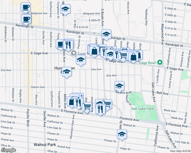 map of restaurants, bars, coffee shops, grocery stores, and more near 6716 Cedar Street in Huntington Park