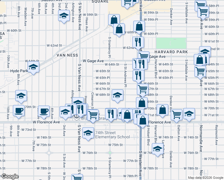 map of restaurants, bars, coffee shops, grocery stores, and more near 1960 West 67th Street in Los Angeles