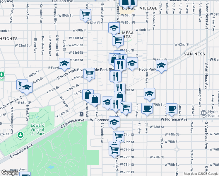 map of restaurants, bars, coffee shops, grocery stores, and more near 3430 West 67th Street in Los Angeles