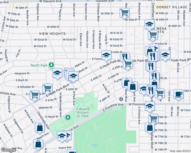 map of restaurants, bars, coffee shops, grocery stores, and more near 945 East 65th Street in Inglewood