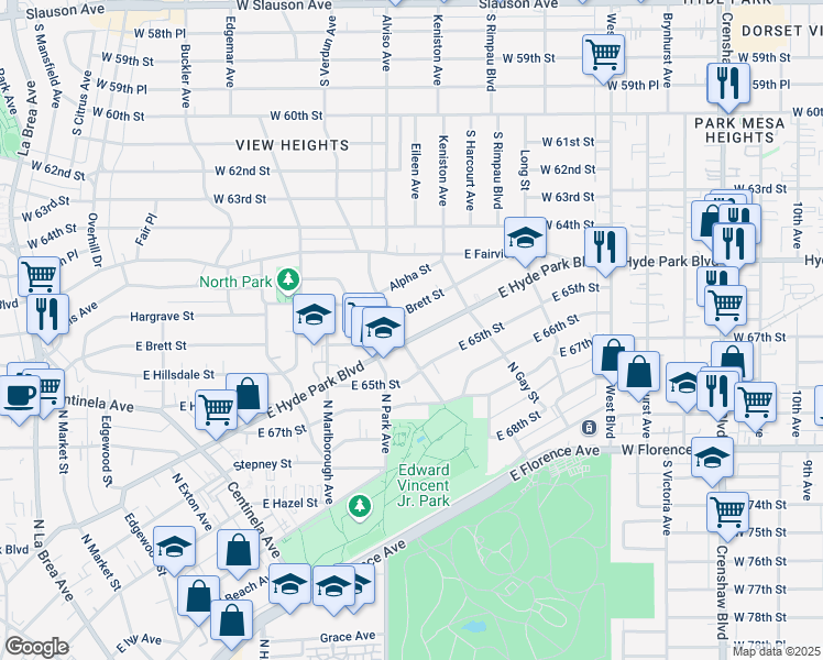 map of restaurants, bars, coffee shops, grocery stores, and more near 914 East Hyde Park Boulevard in Inglewood