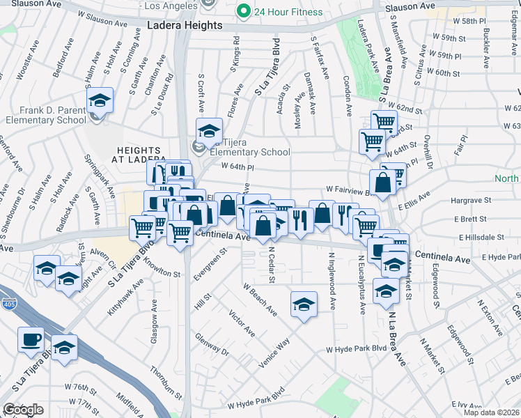 map of restaurants, bars, coffee shops, grocery stores, and more near 423 West Hillsdale Street in Inglewood