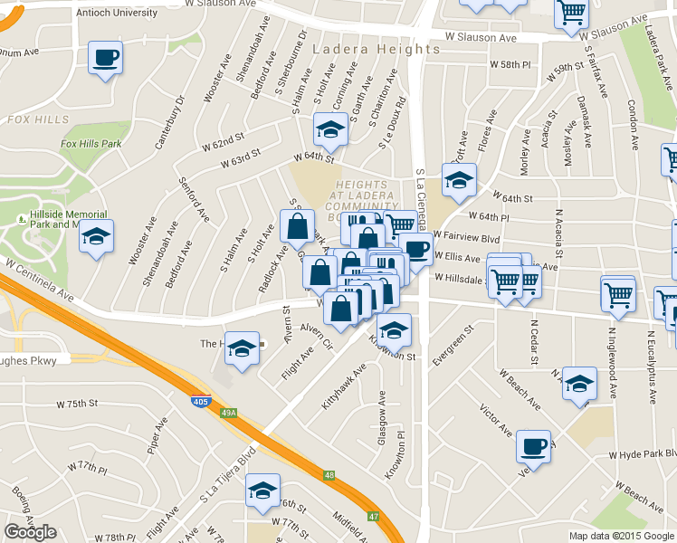 map of restaurants, bars, coffee shops, grocery stores, and more near 6770 South Springpark Avenue in Los Angeles