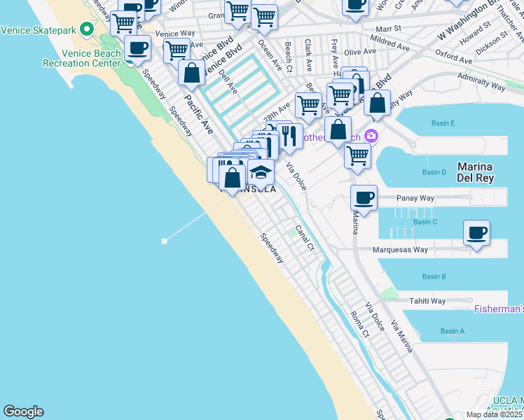 map of restaurants, bars, coffee shops, grocery stores, and more near 10 Speedway in Marina del Rey