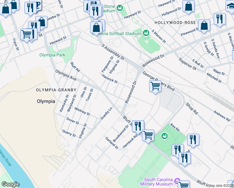 map of restaurants, bars, coffee shops, grocery stores, and more near 1181 Olympia Avenue in Columbia