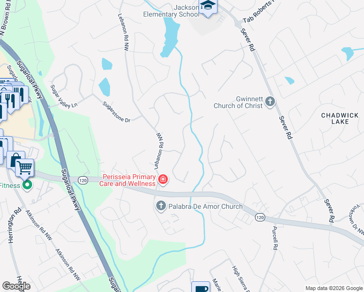 map of restaurants, bars, coffee shops, grocery stores, and more near 1691 Telfair Chase Way in Lawrenceville