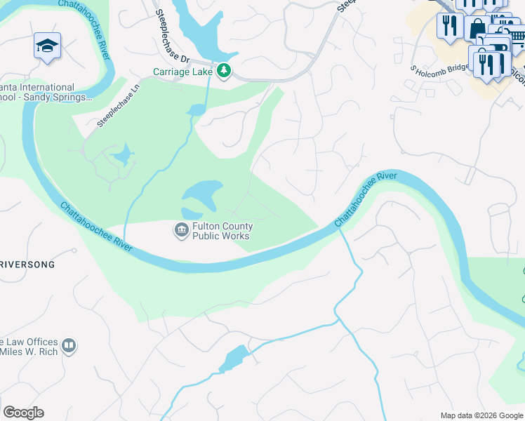 map of restaurants, bars, coffee shops, grocery stores, and more near 2570 The 5th Fairway in Roswell