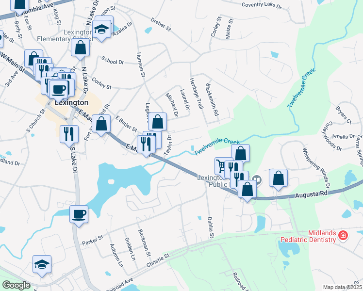 map of restaurants, bars, coffee shops, grocery stores, and more near 124 Tybo Drive in Lexington
