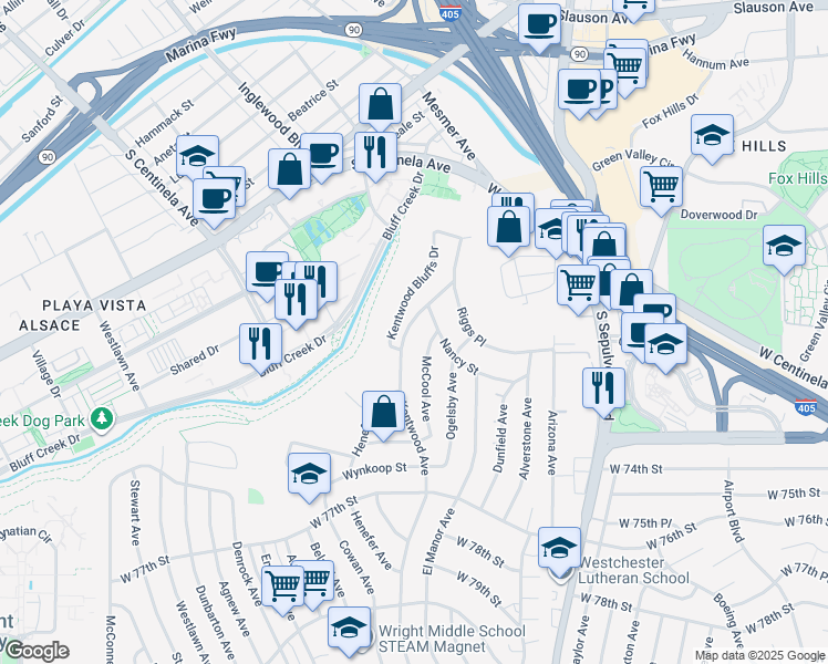map of restaurants, bars, coffee shops, grocery stores, and more near 7132 Kentwood Avenue in Los Angeles