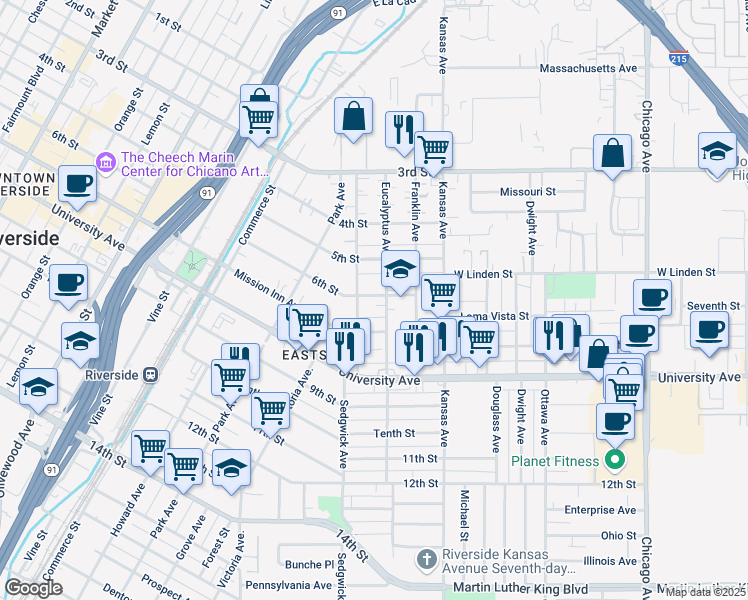 map of restaurants, bars, coffee shops, grocery stores, and more near 2340 6th Street in Riverside