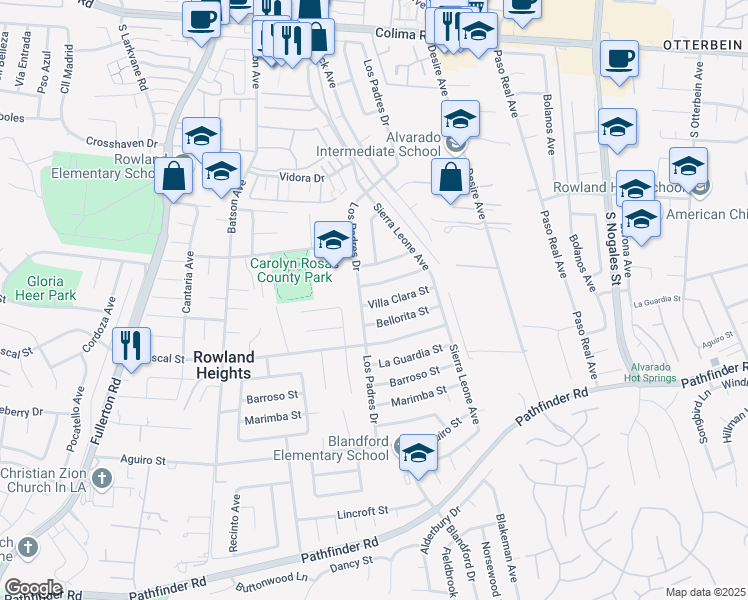 map of restaurants, bars, coffee shops, grocery stores, and more near 2306 Sierra Leone Avenue in Rowland Heights
