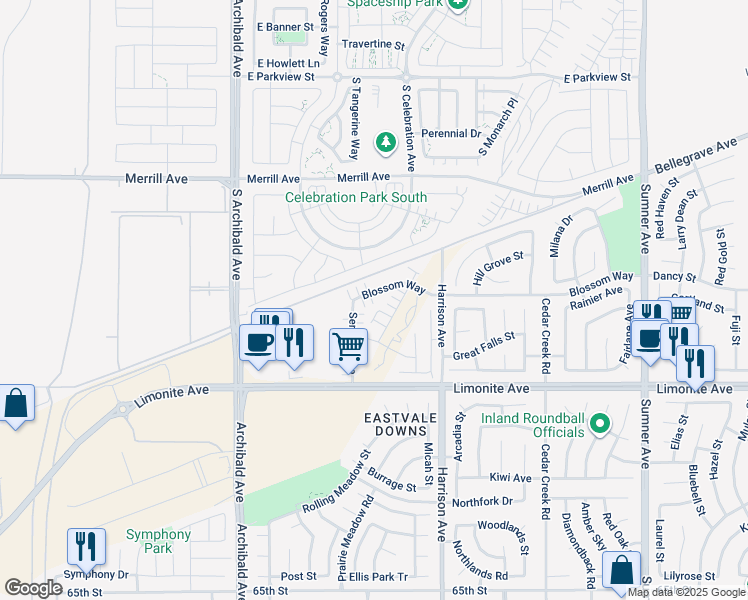 map of restaurants, bars, coffee shops, grocery stores, and more near 13955 Blossom Way in Eastvale