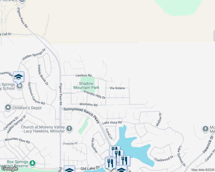 map of restaurants, bars, coffee shops, grocery stores, and more near 23408 Via Solana in Moreno Valley