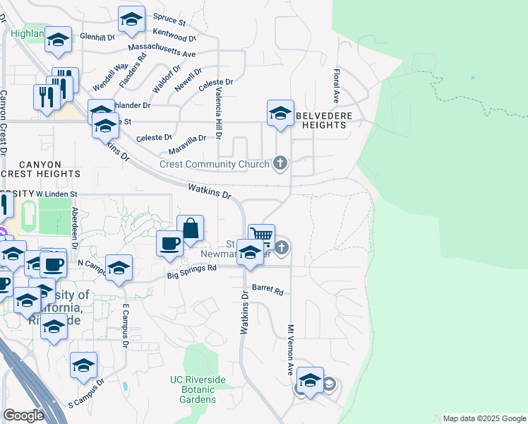 map of restaurants, bars, coffee shops, grocery stores, and more near 3598 Mount Vernon Avenue in Riverside