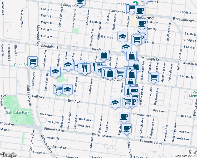 map of restaurants, bars, coffee shops, grocery stores, and more near 6418 Otis Avenue in Bell