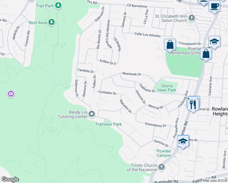 map of restaurants, bars, coffee shops, grocery stores, and more near 17813 Contador Drive in Rowland Heights