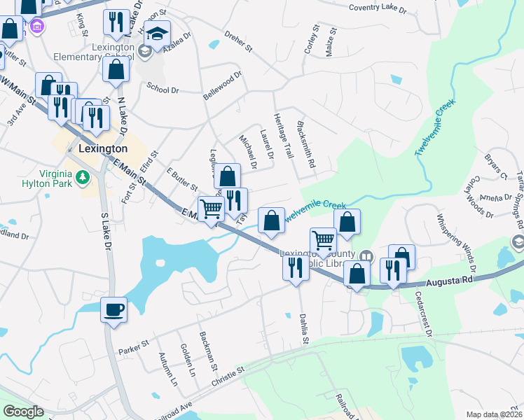 map of restaurants, bars, coffee shops, grocery stores, and more near 124 Tybo Drive in Lexington