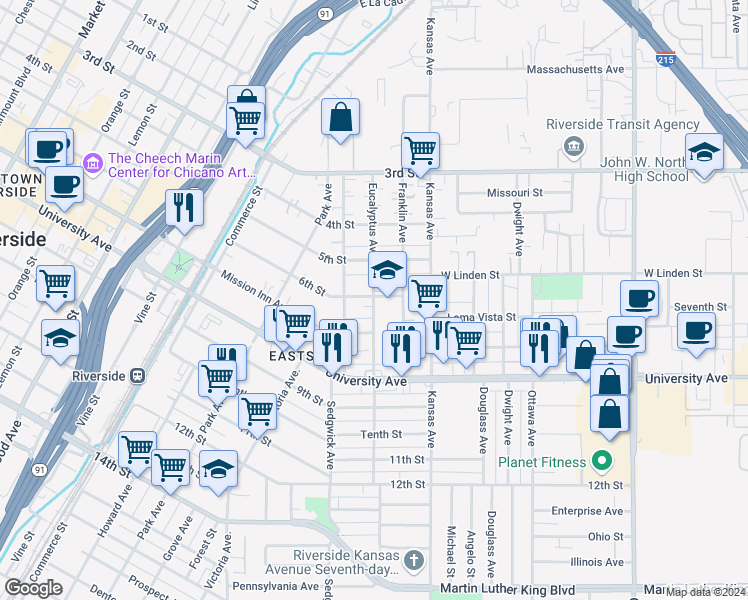 map of restaurants, bars, coffee shops, grocery stores, and more near 3610 Eucalyptus Avenue in Riverside