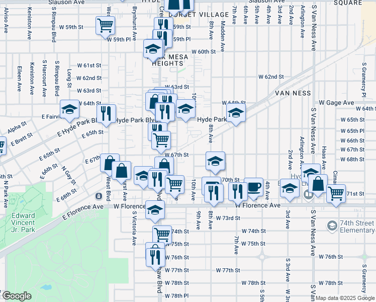 map of restaurants, bars, coffee shops, grocery stores, and more near 3220 West 67th Street in Los Angeles
