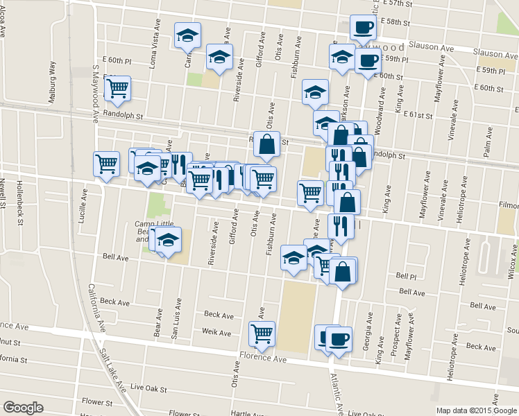 map of restaurants, bars, coffee shops, grocery stores, and more near 6418 Otis Ave in Bell