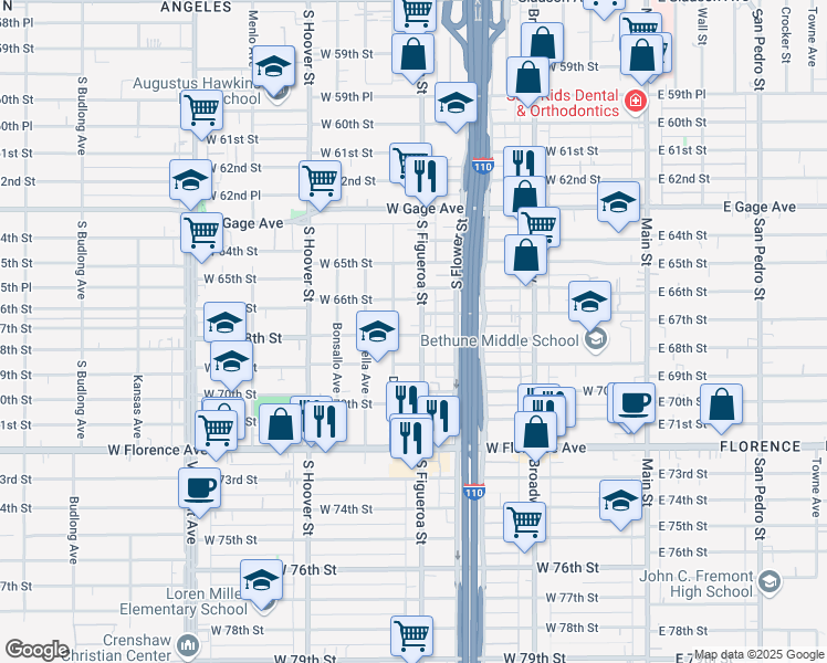 map of restaurants, bars, coffee shops, grocery stores, and more near 6719 South Figueroa Street in Los Angeles