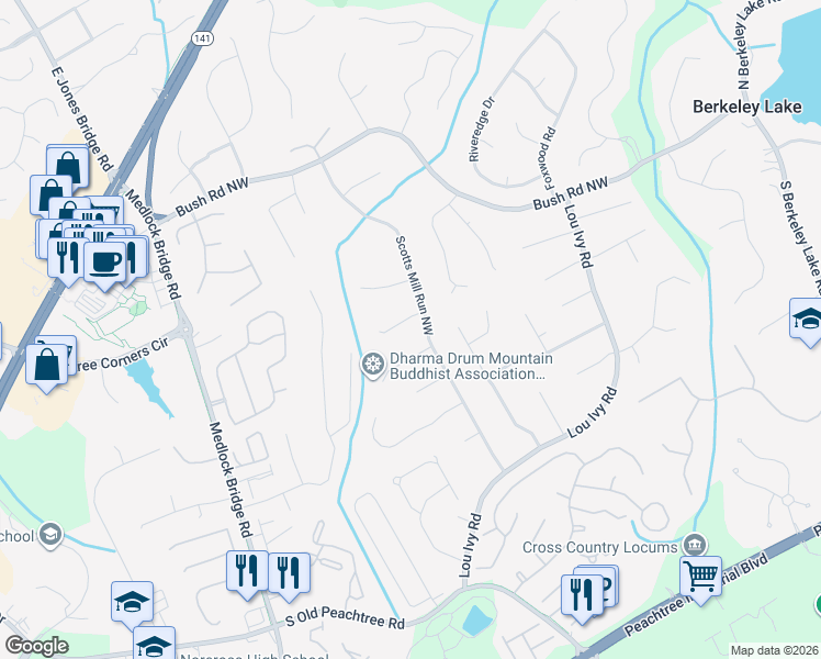 map of restaurants, bars, coffee shops, grocery stores, and more near 4917 Dillards Mill Way in Duluth
