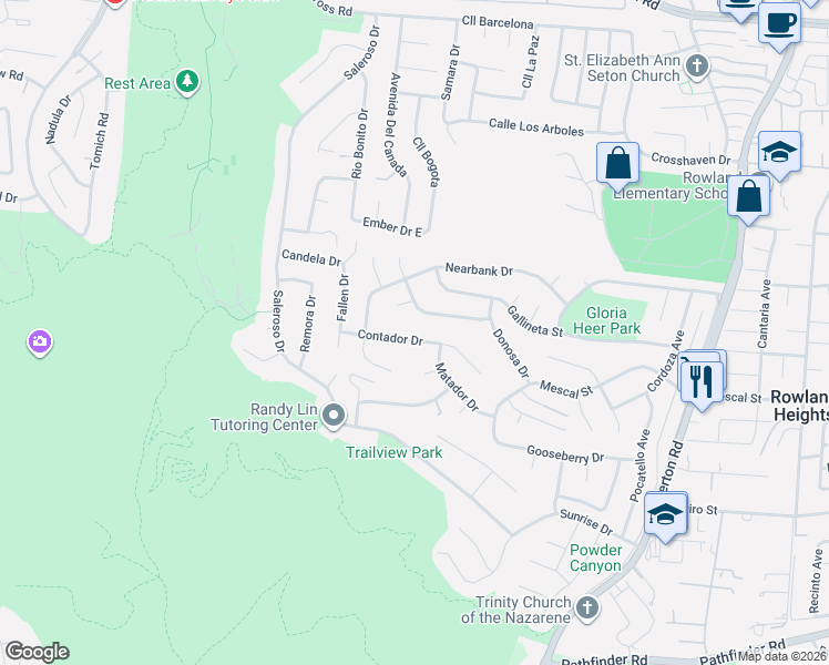 map of restaurants, bars, coffee shops, grocery stores, and more near 17813 Contador Drive in Rowland Heights