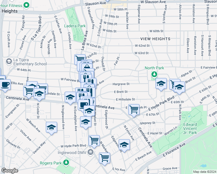 map of restaurants, bars, coffee shops, grocery stores, and more near 352 Hargrave Street in Inglewood