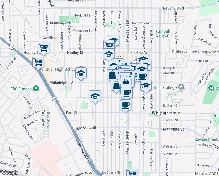 map of restaurants, bars, coffee shops, grocery stores, and more near 7017 Milton Avenue in Whittier