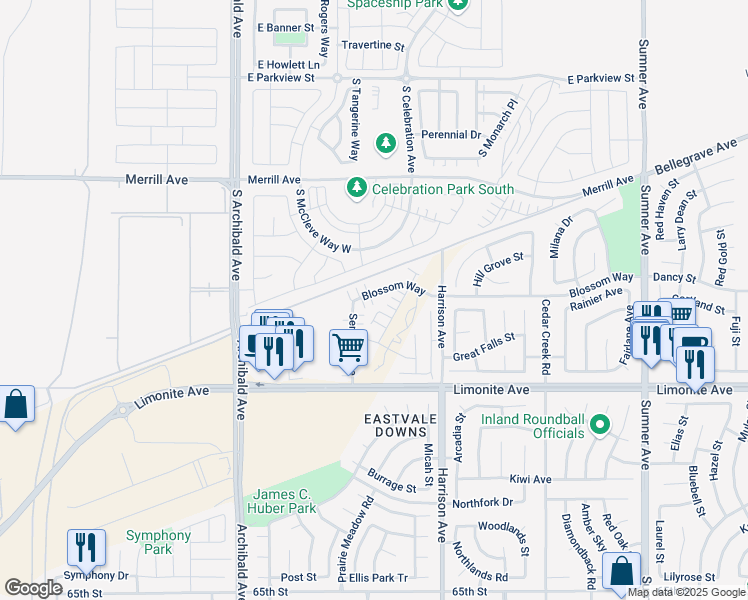 map of restaurants, bars, coffee shops, grocery stores, and more near 13955 Blossom Way in Eastvale