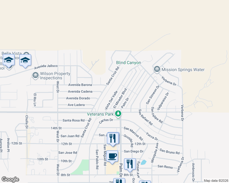 map of restaurants, bars, coffee shops, grocery stores, and more near 9730 Vista Del Valle in Desert Hot Springs