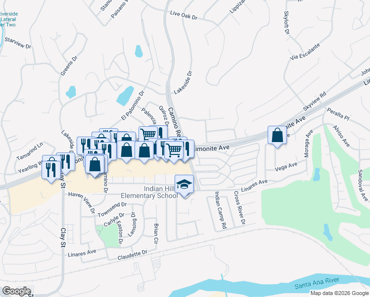 map of restaurants, bars, coffee shops, grocery stores, and more near Limonite Ave & Camino Real in Pedley