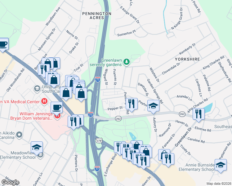 map of restaurants, bars, coffee shops, grocery stores, and more near 33 Braiden Manor Road in Columbia