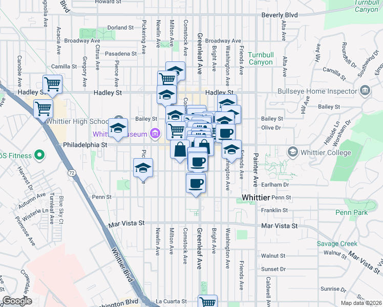 map of restaurants, bars, coffee shops, grocery stores, and more near 7013 Greenleaf Avenue in Whittier