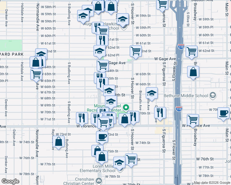 map of restaurants, bars, coffee shops, grocery stores, and more near 901 West 68th Street in Los Angeles